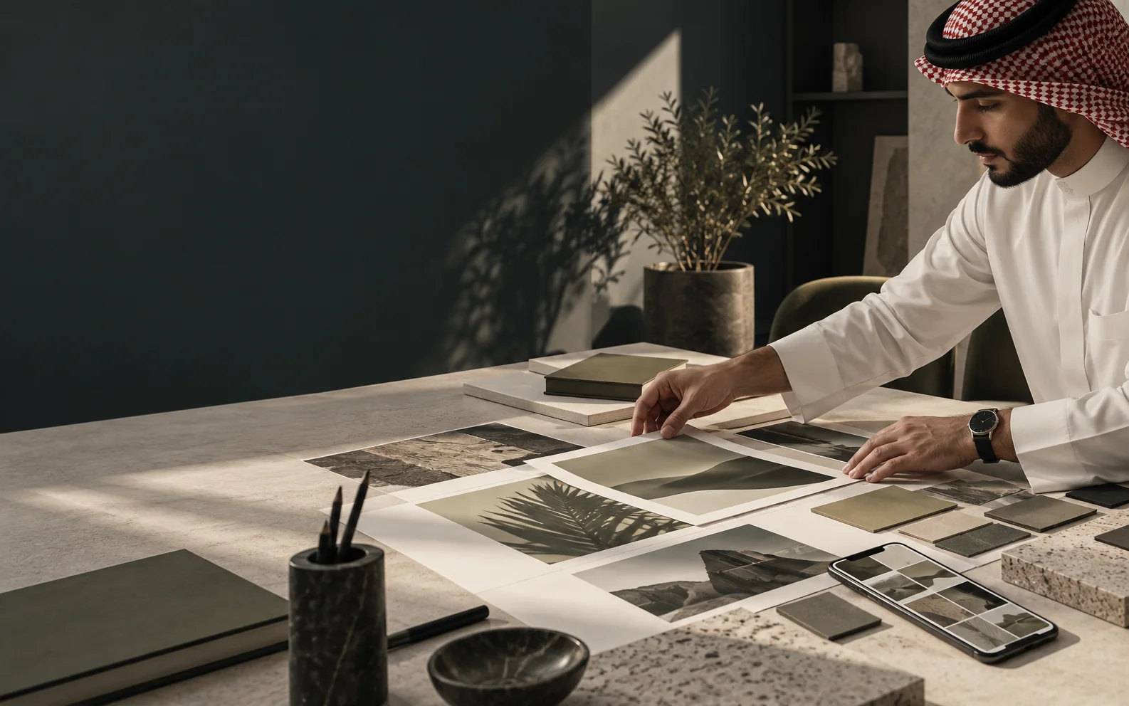 Creative direction session with a Saudi professional reviewing campaign imagery and brand materials