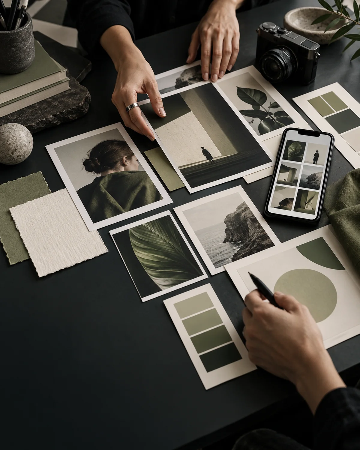 Art direction session with campaign prints, visual identity materials and social media content