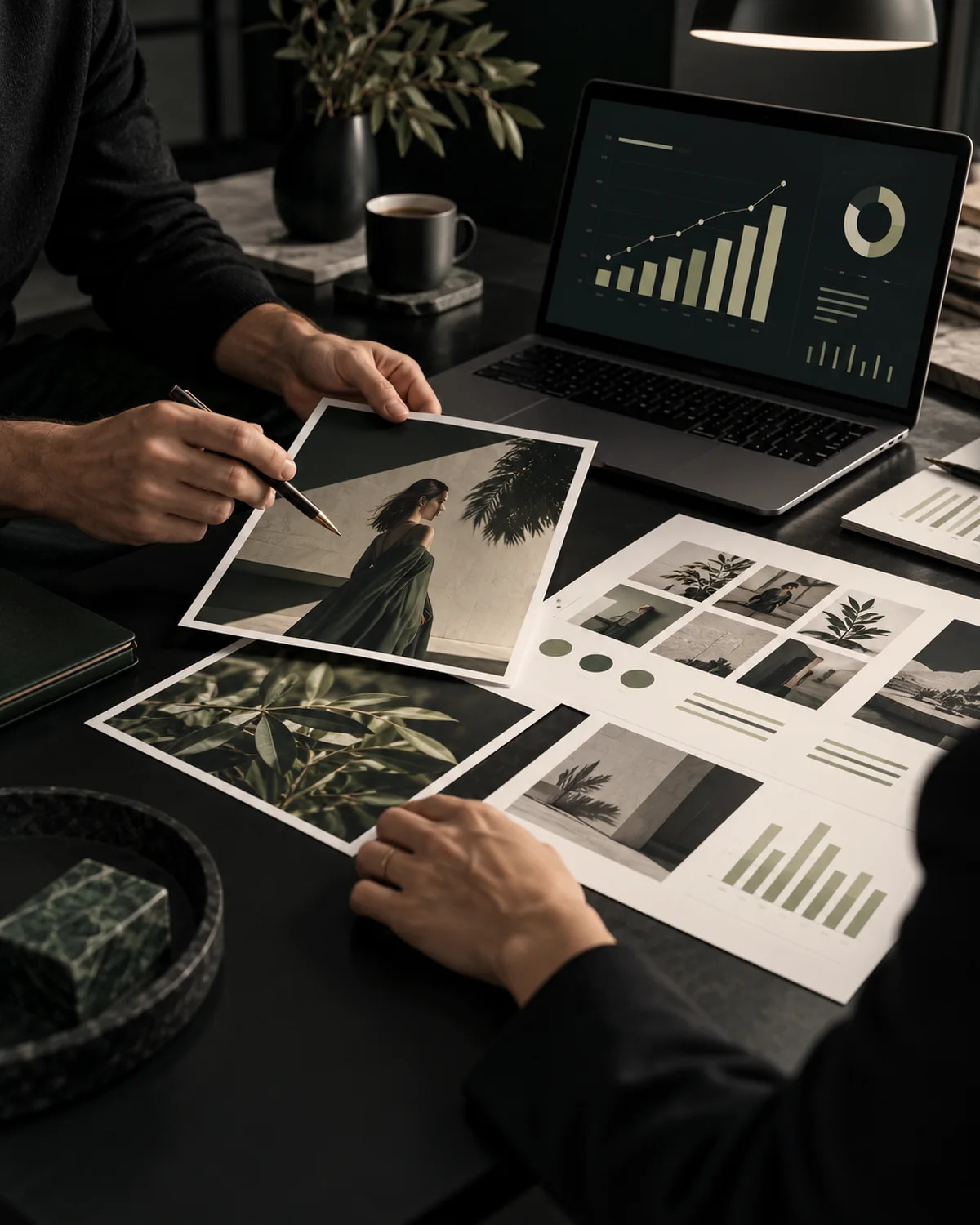Campaign performance review with creative assets, media planning materials and analytics