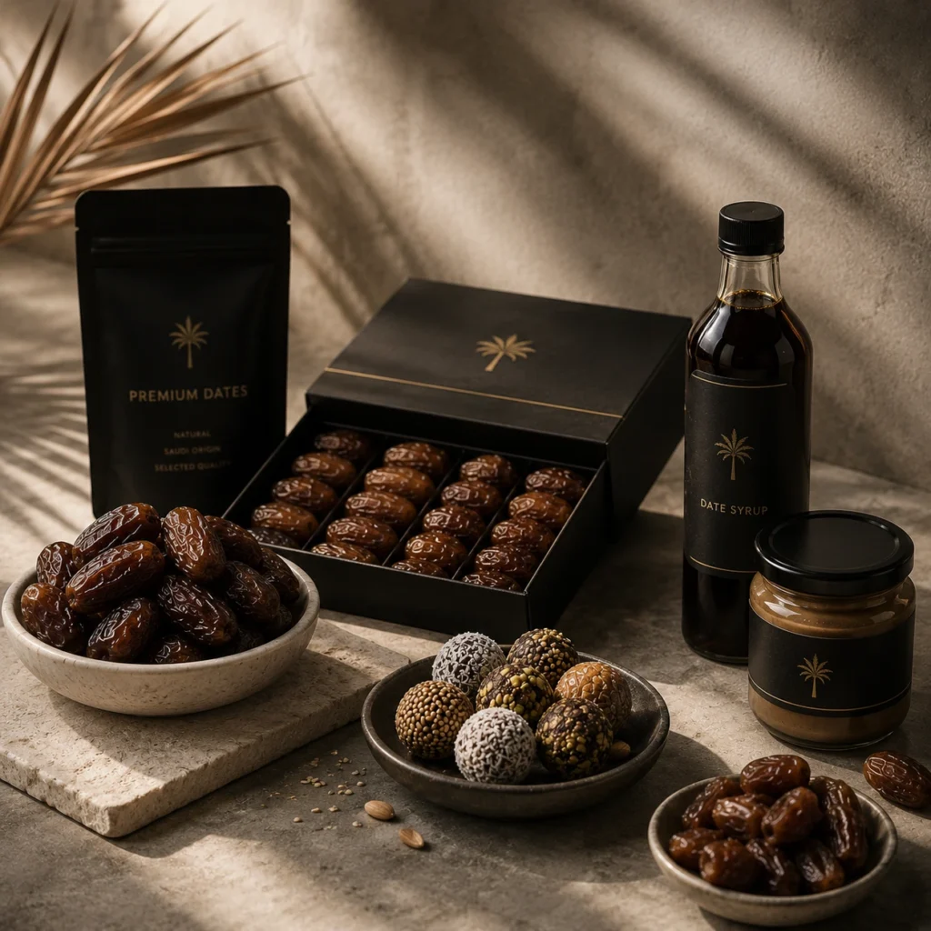 Premium Saudi date products including whole dates, coated date balls, date syrup and elegant gift packaging