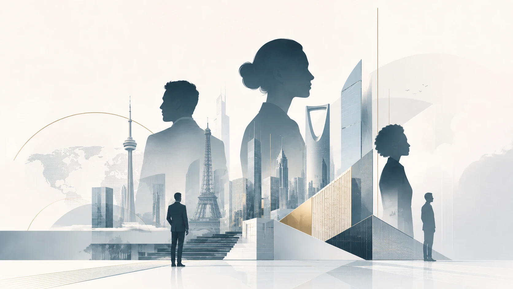 Human and architectural silhouettes representing PEAK Ventures' international vision