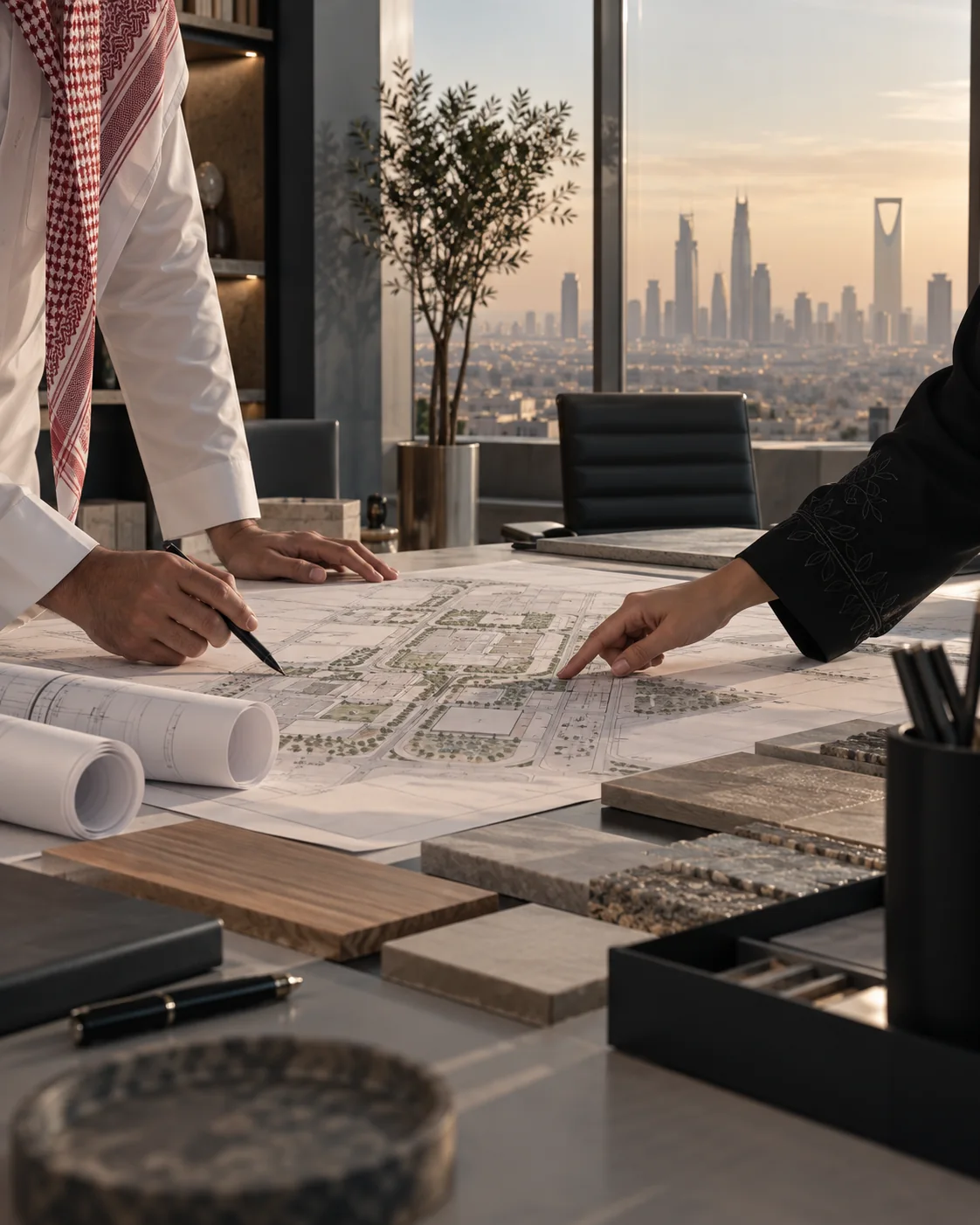 PEAK Ventures advisors reviewing real estate plans in Riyadh