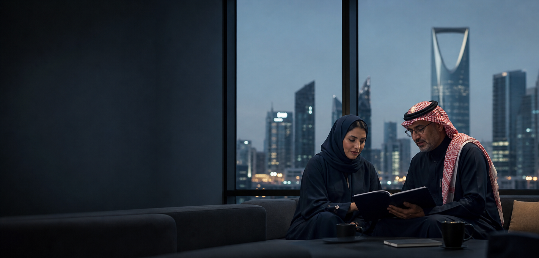 Saudi professionals reviewing a long term business plan overlooking Riyadh