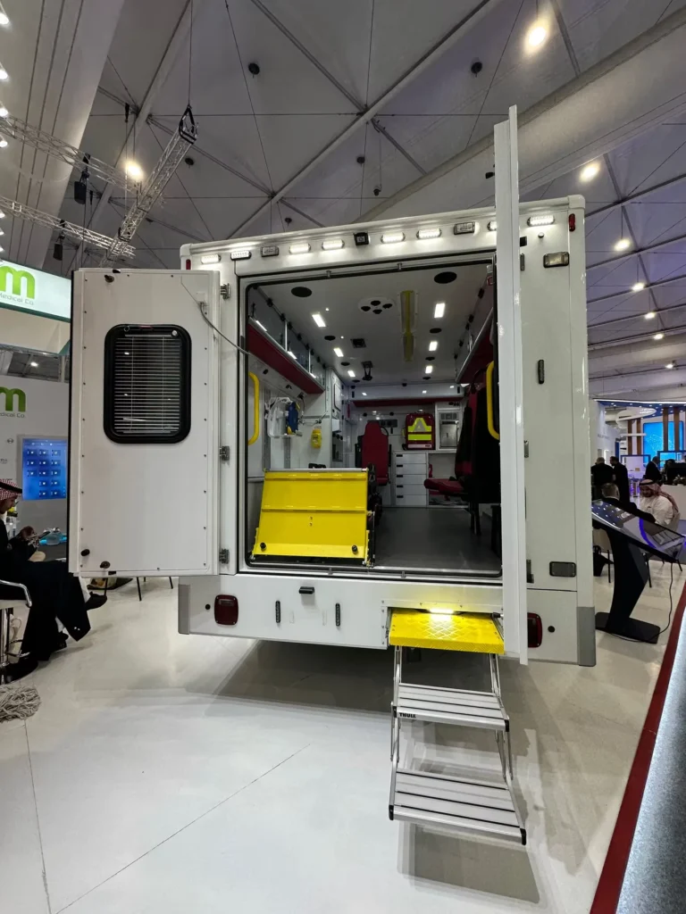 Interior of an ambulance displaying emergency medical equipment at the Global Health Exhibition.