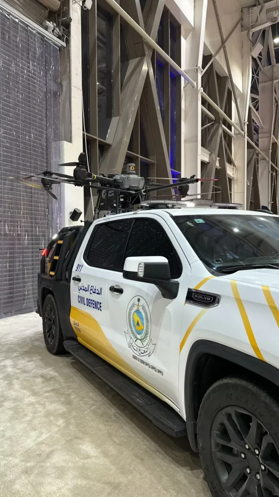 Saudi Civil Defence vehicle equipped with a large drone at the exhibition.