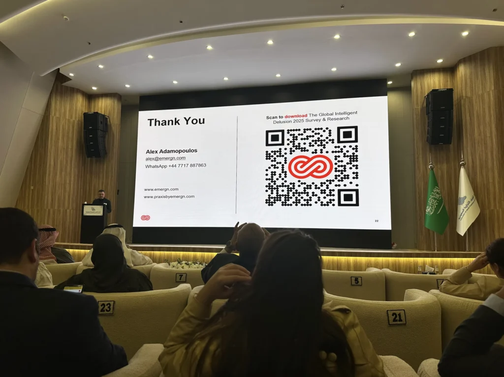 Audience attending the closing presentation of a Saudi French Tech networking event.