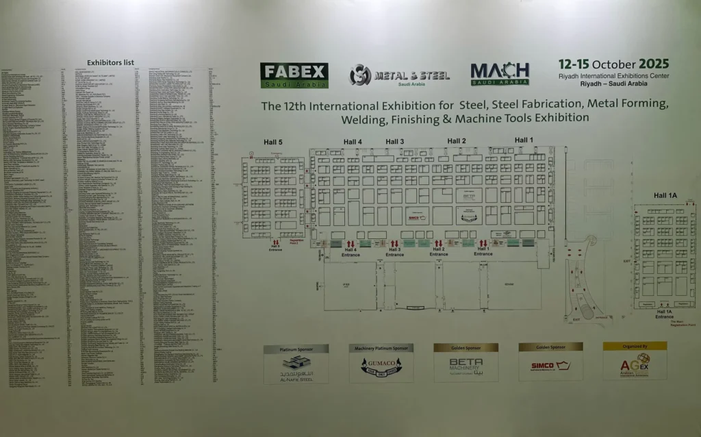 Exhibitor list and floor plan for FABEX Saudi Arabia 2025 at the Riyadh International Exhibitions Center.