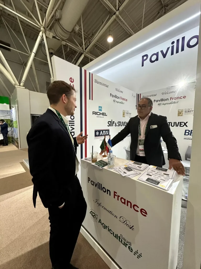 Business discussion at the France Pavilion during Saudi Agriculture 2025.