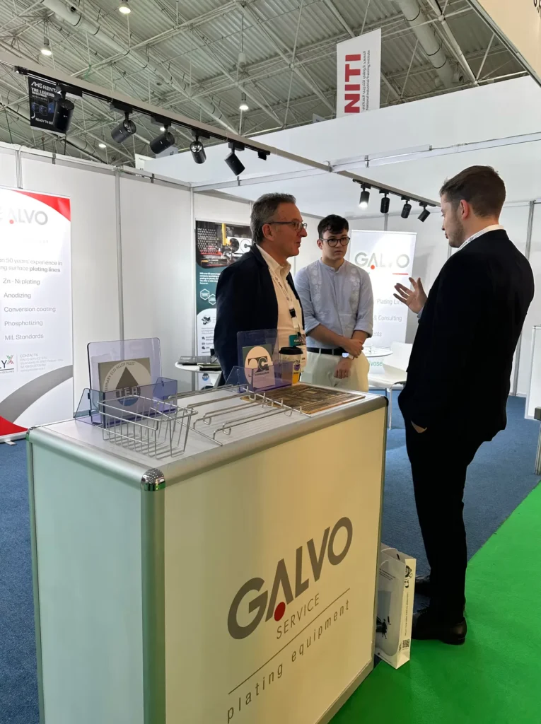 Business discussion at the Galvo Service plating equipment stand during FABEX Saudi Arabia.