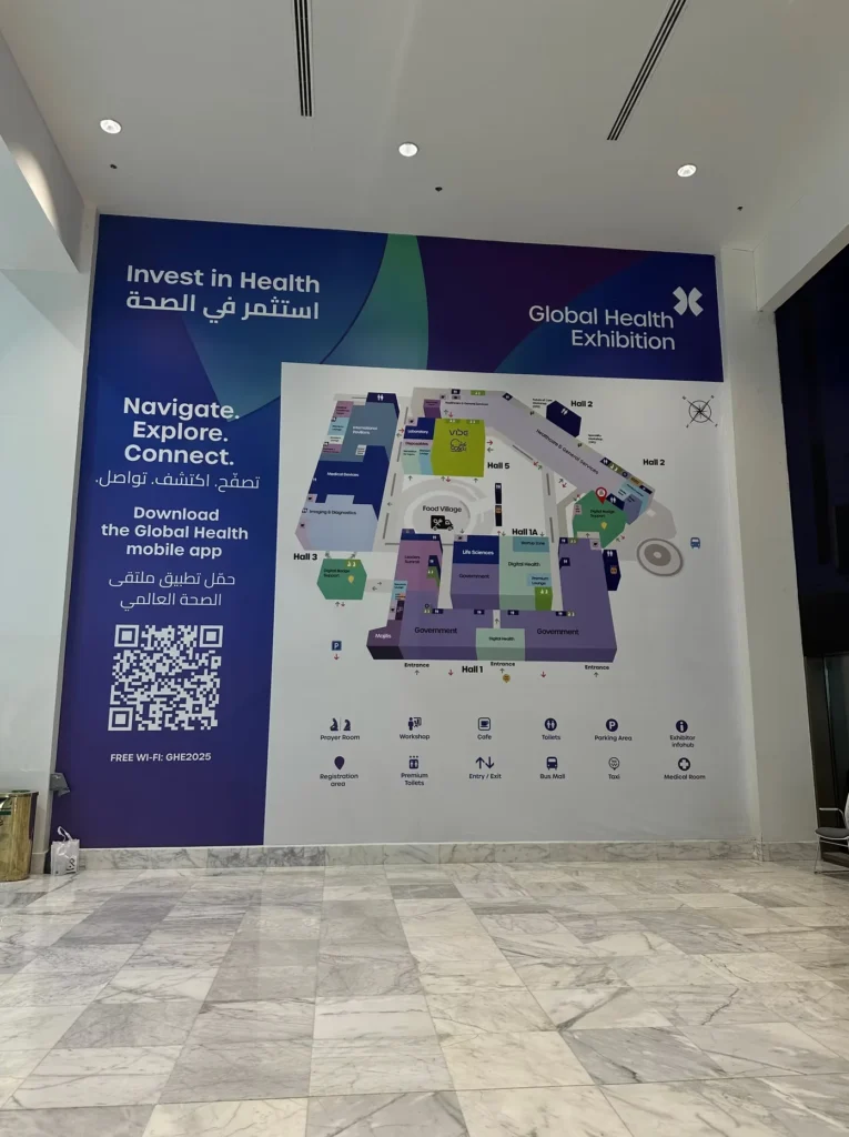 Venue map helping visitors navigate the Global Health Exhibition halls.