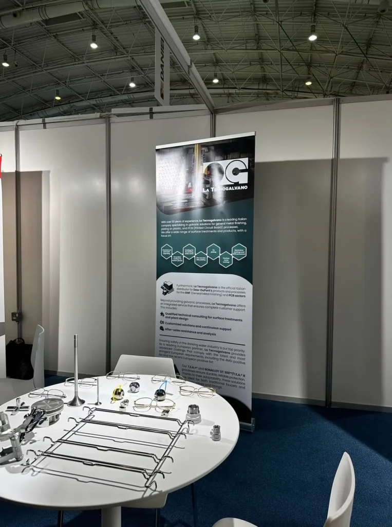 La Tecnogalvano display featuring metal finishing samples and industrial components.