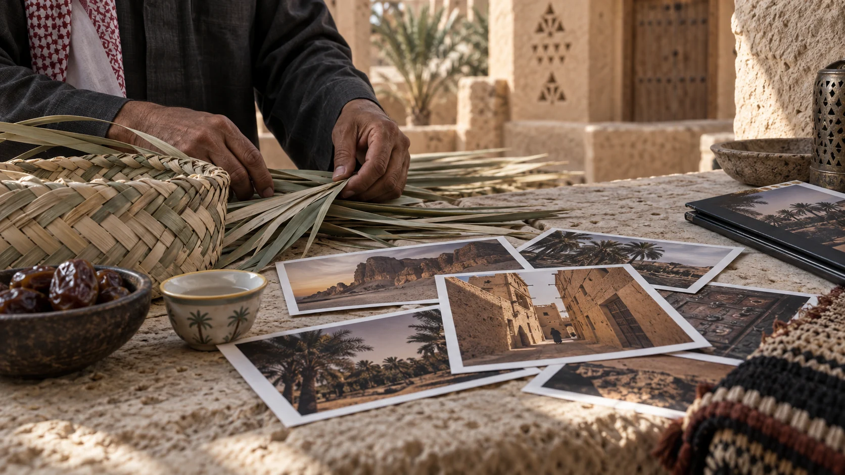 Composition éditoriale sur l’artisanat du palmier et le tourisme culturel en Arabie saoudite
