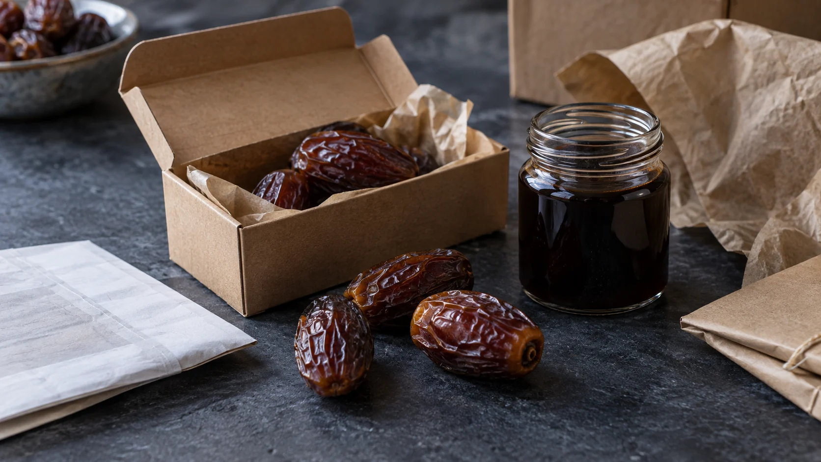 Composition éditoriale de dattes, sirop de dattes et produits alimentaires pour l’export