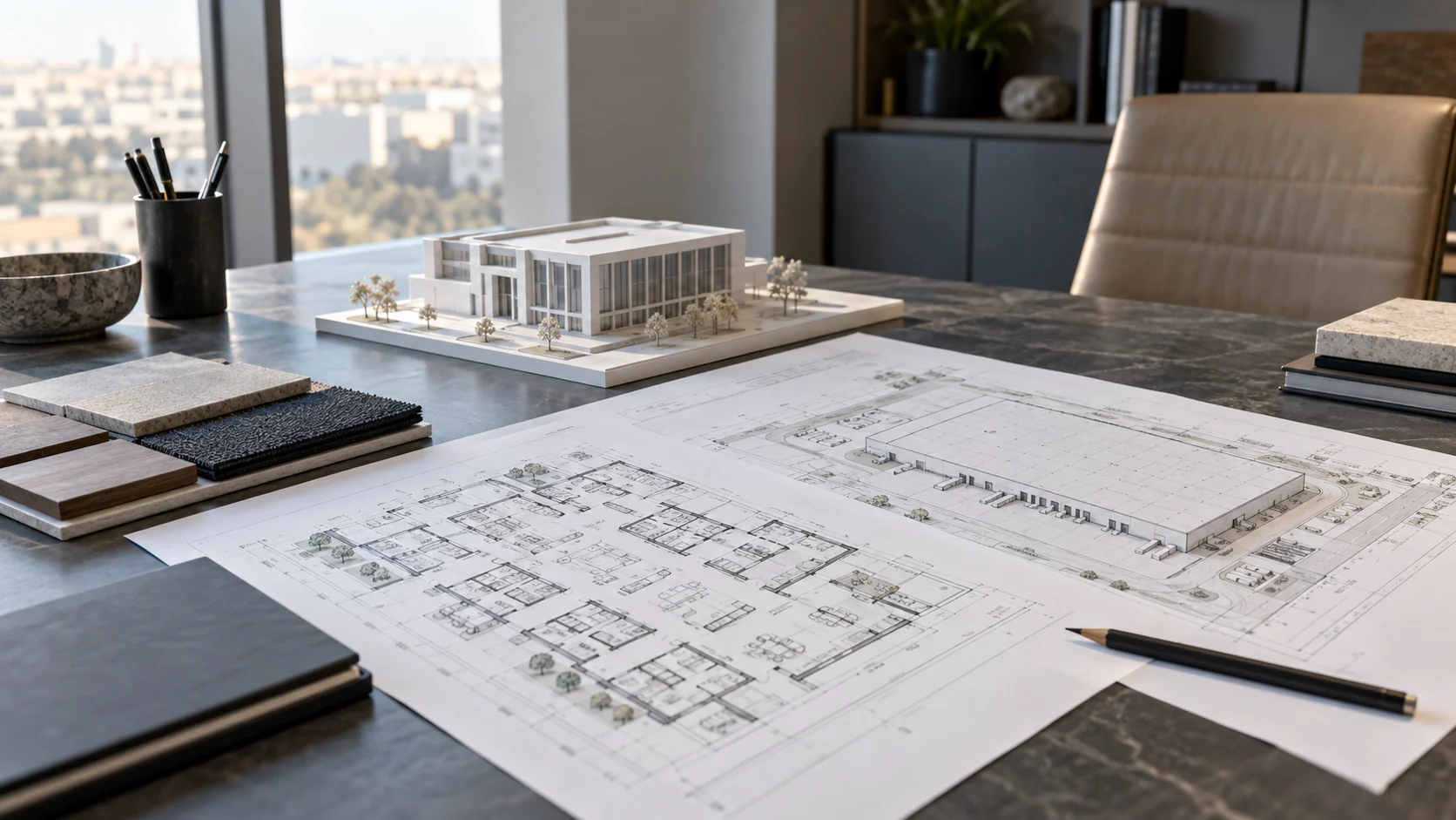 Plans architecturaux et maquettes de bureaux et d’entrepôt illustrant l’immobilier d’entreprise