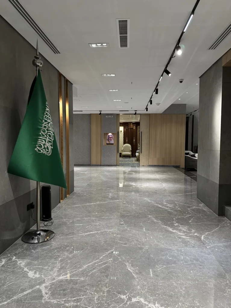 Saudi flag at a business event venue in Riyadh