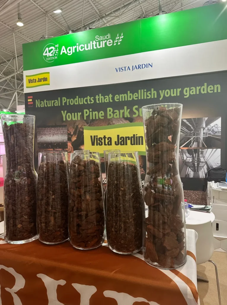 Vista Jardin pine bark products displayed at Saudi Agriculture 2025.